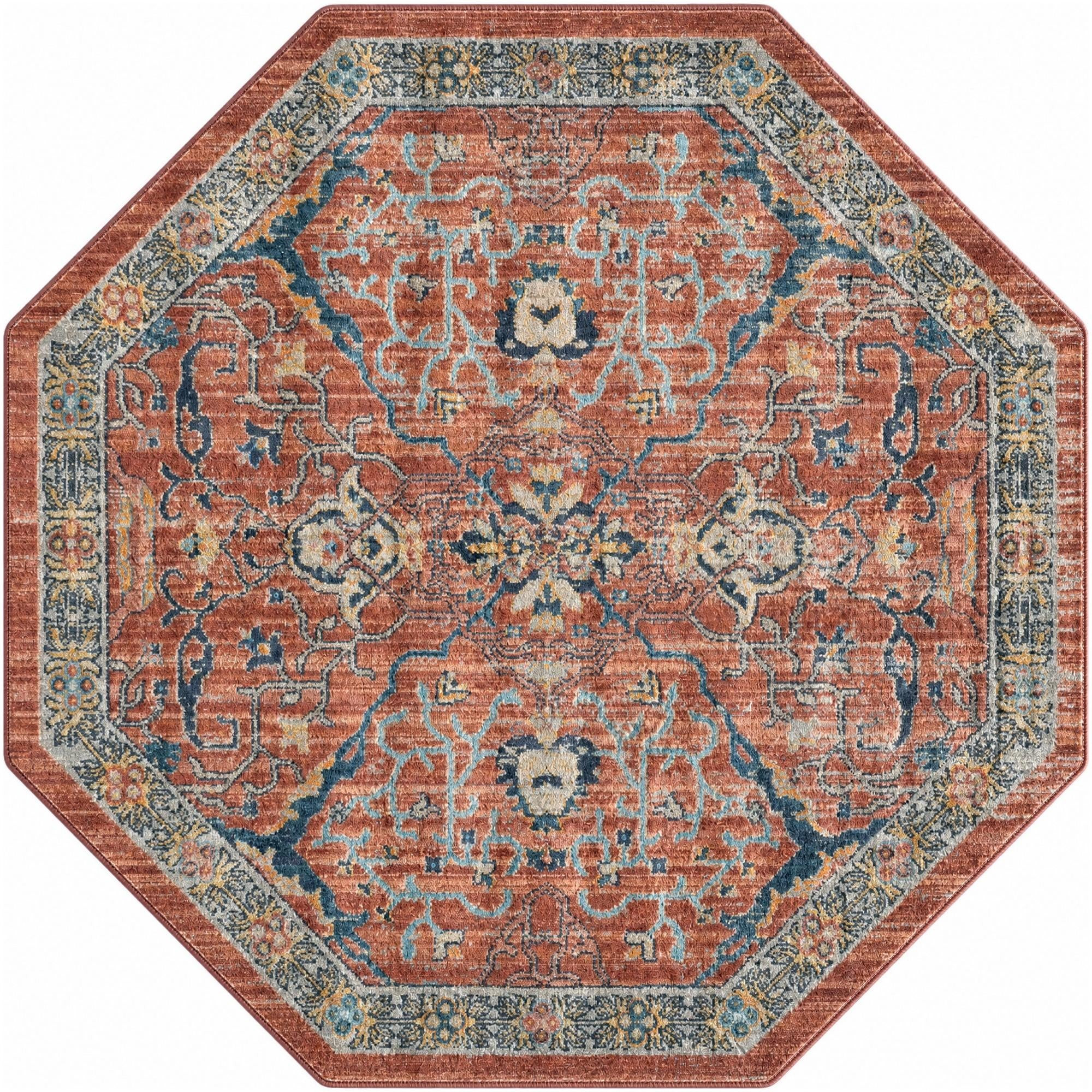 5' x 5' Sedgwick · Medallion rug, brick red and blue