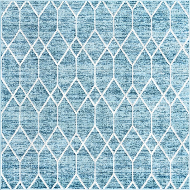 7' x 7' Thatcher · Geometric trellis rug, blue and ivory