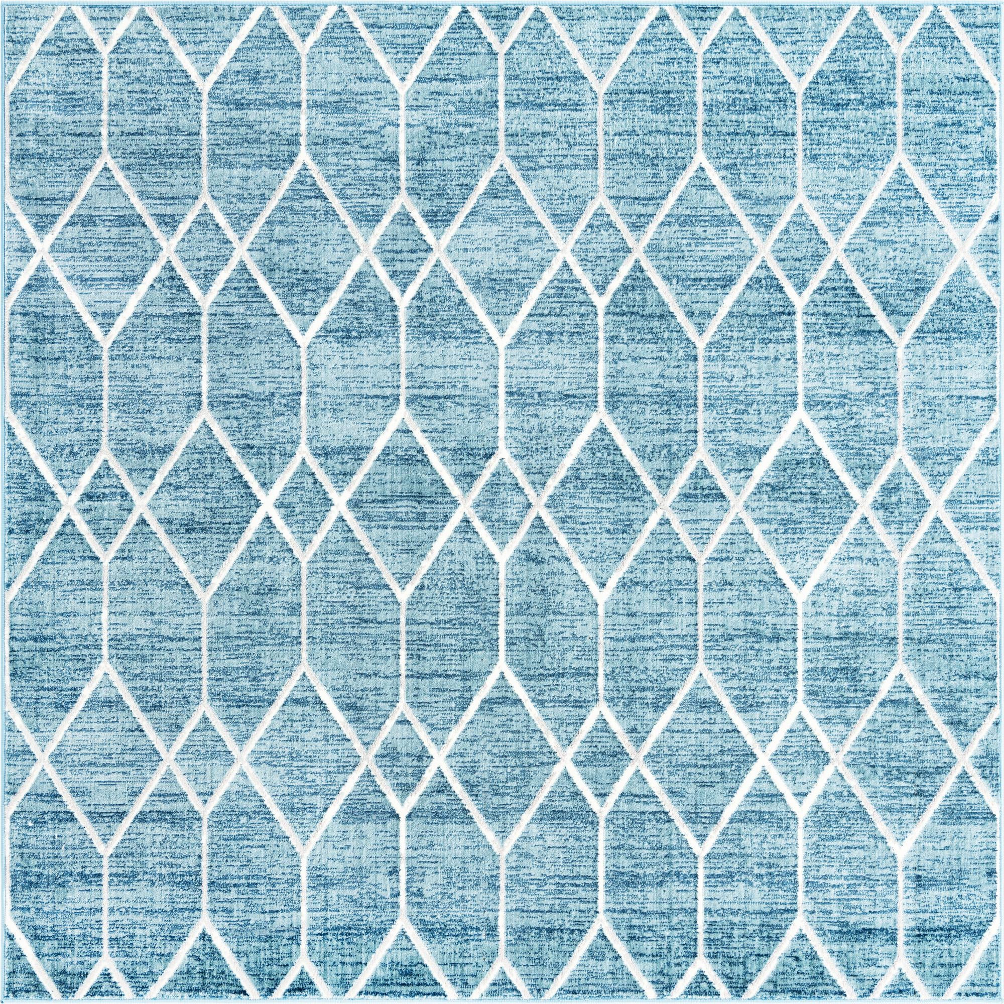 7' x 7' Thatcher · Geometric trellis rug, blue and ivory