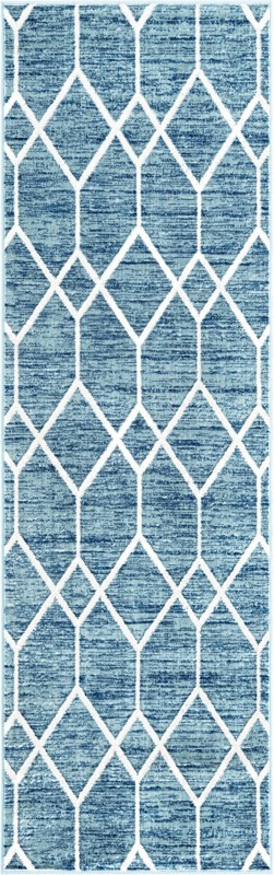 3' x 10' Thatcher · Geometric trellis rug, blue and ivory