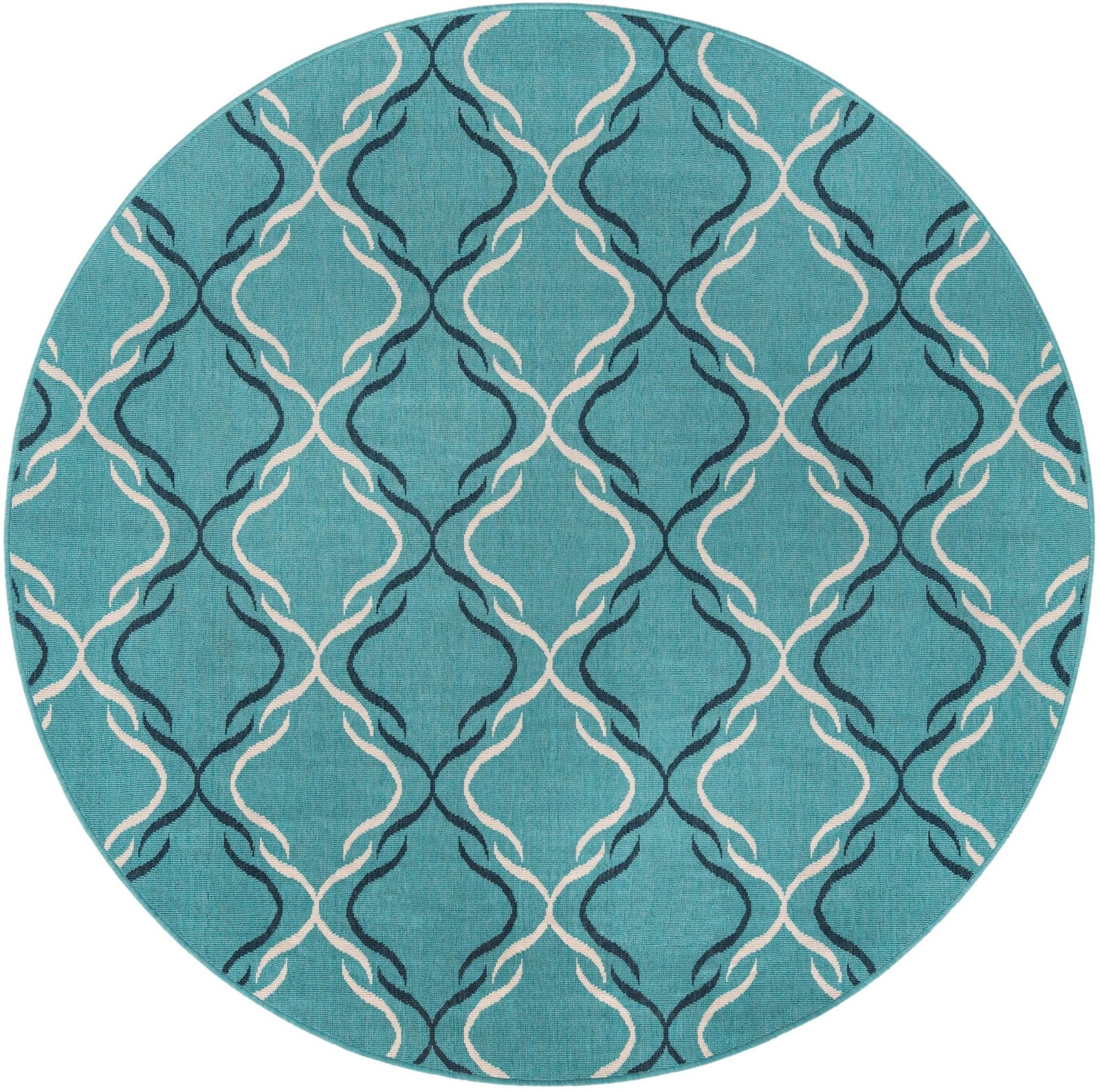 7' x 7' Comstock · Geometric lattice Outdoor Rug, teal and ivory