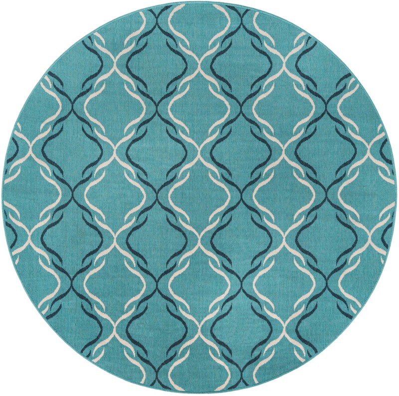 Comstock · Geometric lattice Outdoor Rug, teal and ivory