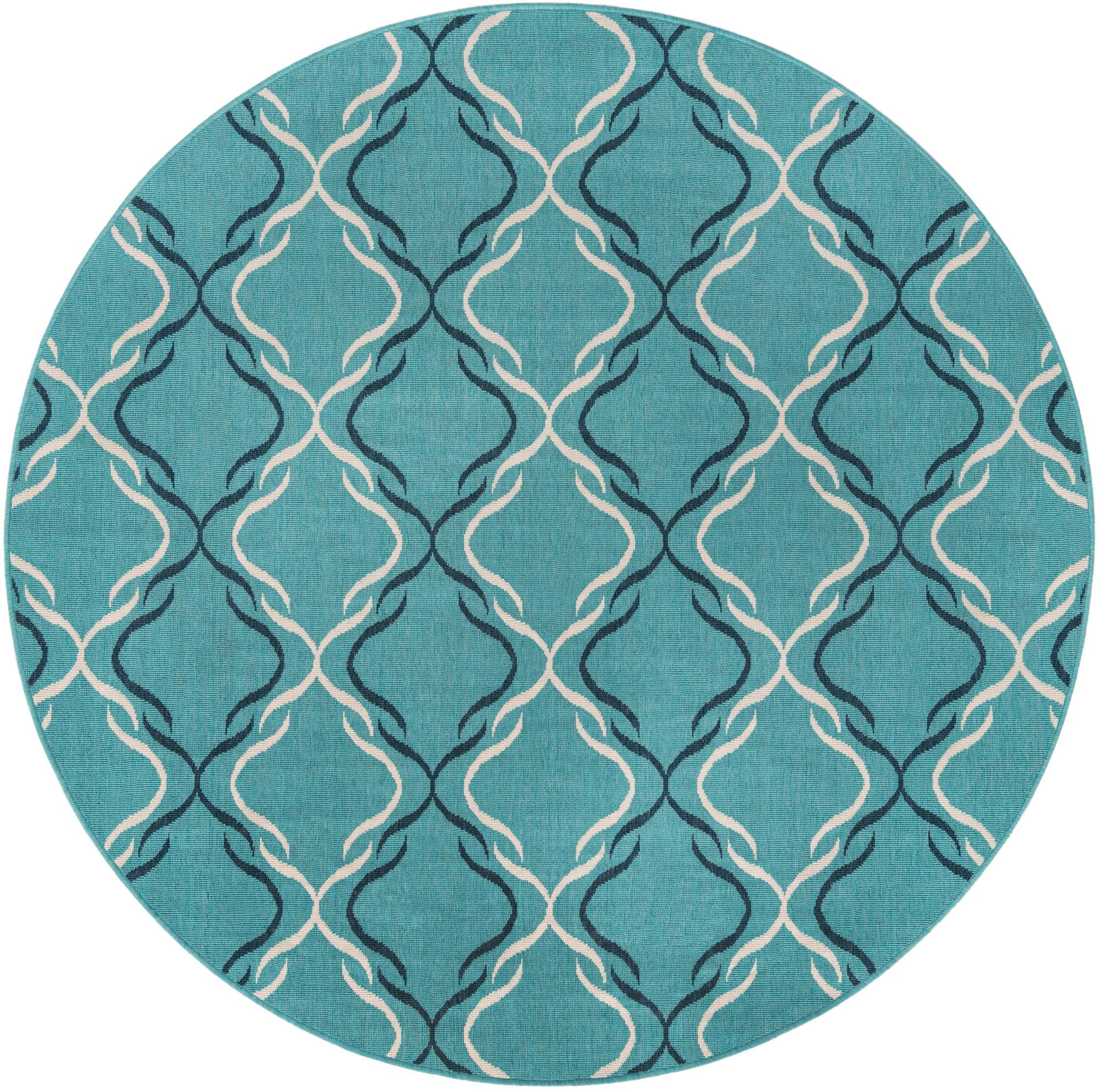 7' x 7' Comstock · Geometric lattice Outdoor Rug, teal and ivory