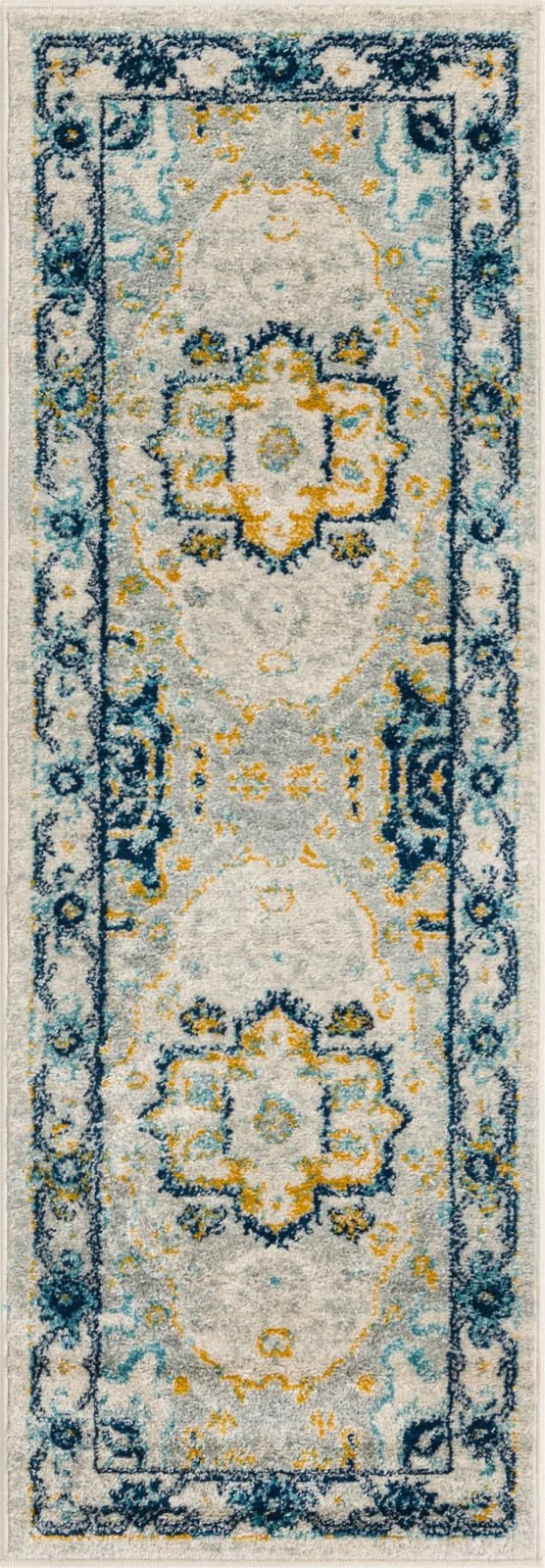 2' x 6' Pierce · Medallion rug, gray, blue and yellow
