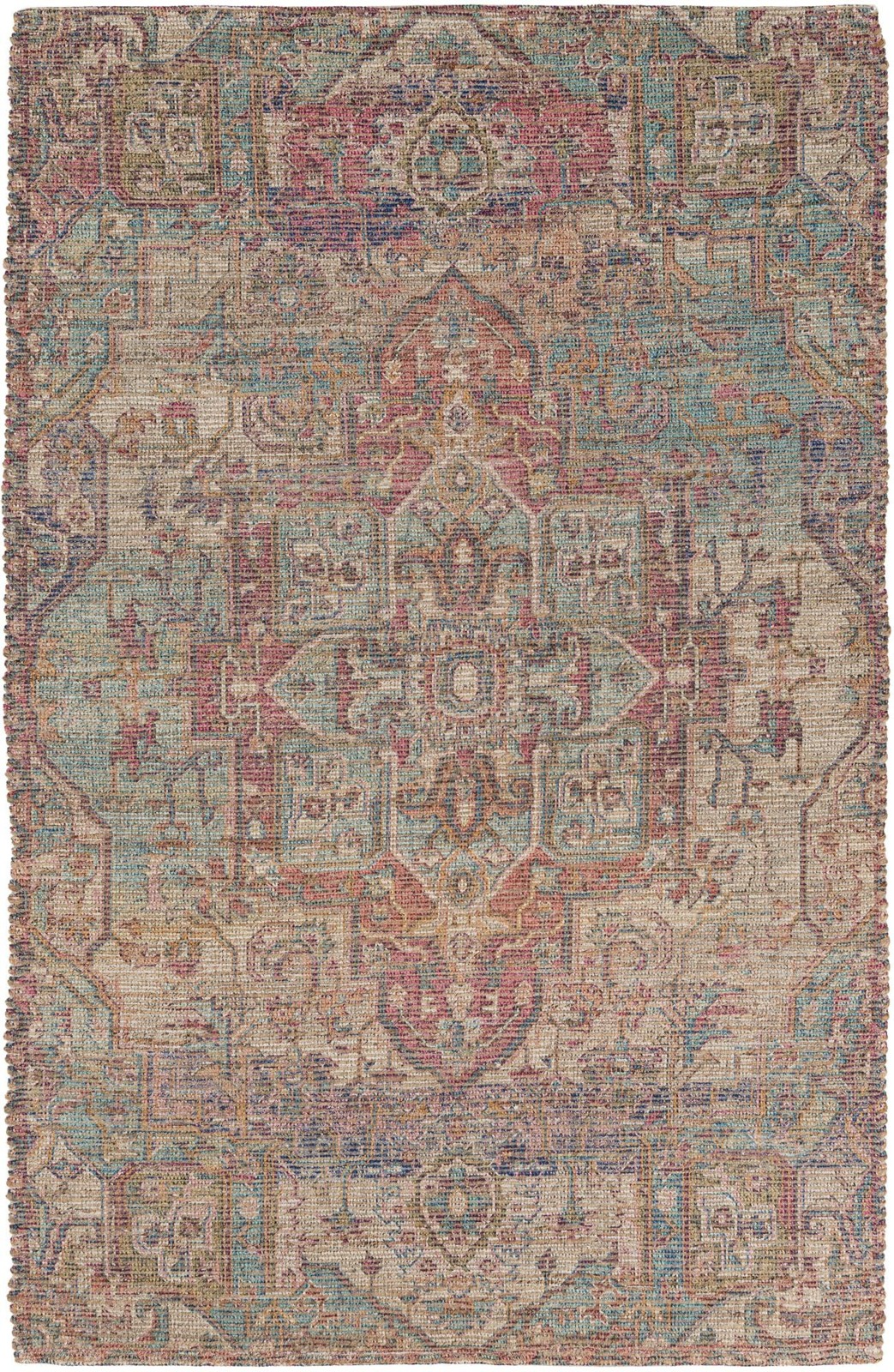 5' 1 x 8' Leslie · Distressed medallion rug, red and blue