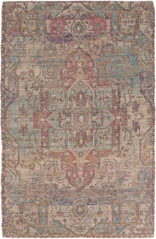 5' 1 x 8' Leslie · Distressed medallion rug, red and blue