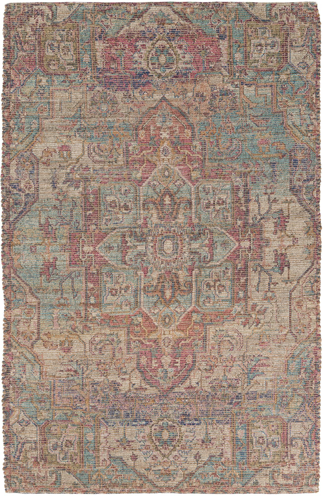 5' 1 x 8' Leslie · Distressed medallion rug, red and blue