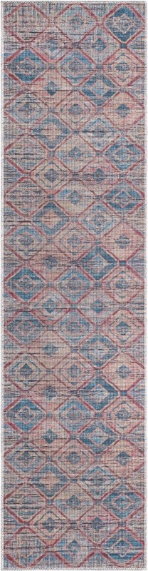 2' x 7' 10 Torrance · Geometric diamond Washable Rug, peach and blue