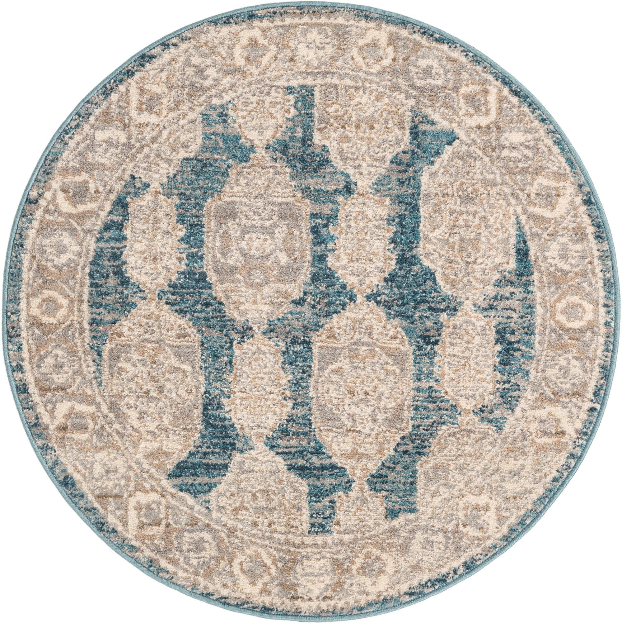 3' 3 x 3' 3 Pullman · Distressed medallion rug, blue and beige