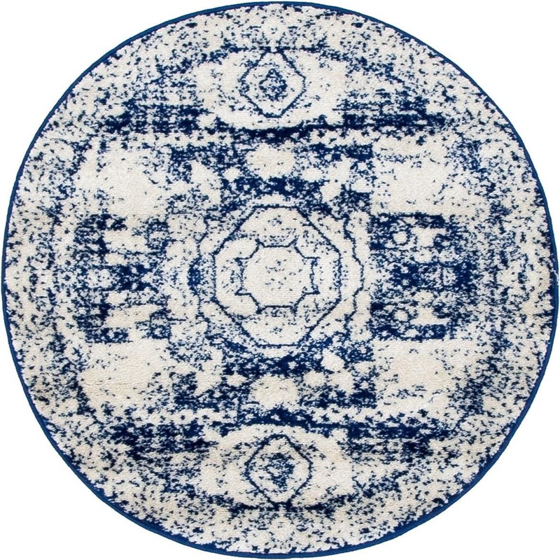 3' x 3' Benedict · Distressed medallion rug, ivory and blue