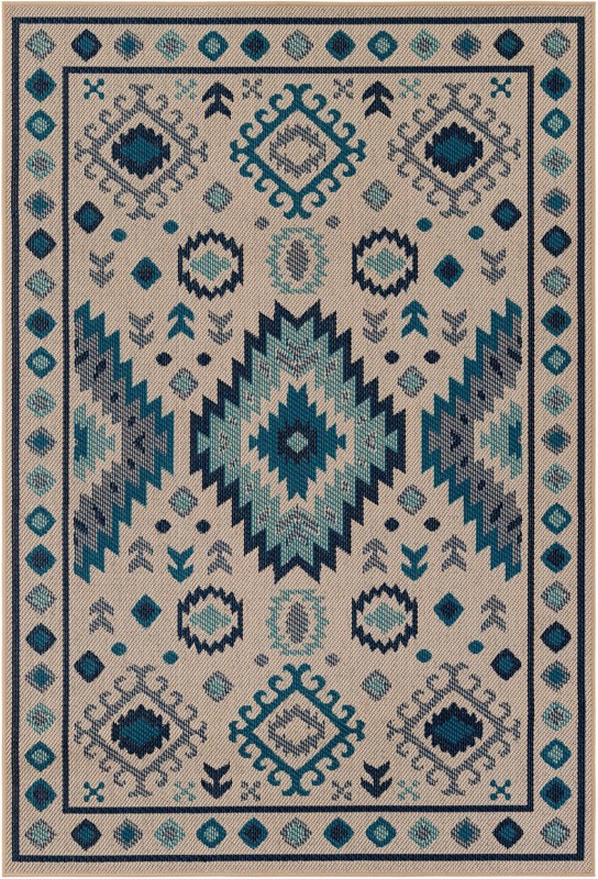5' 3 x 8' Whitfield · Geometric tribal Outdoor Rug, beige and blue