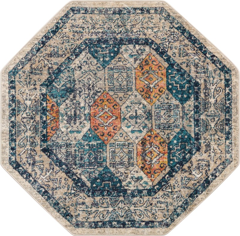 4' x 4' Keane · Diamond rug, blue and rust