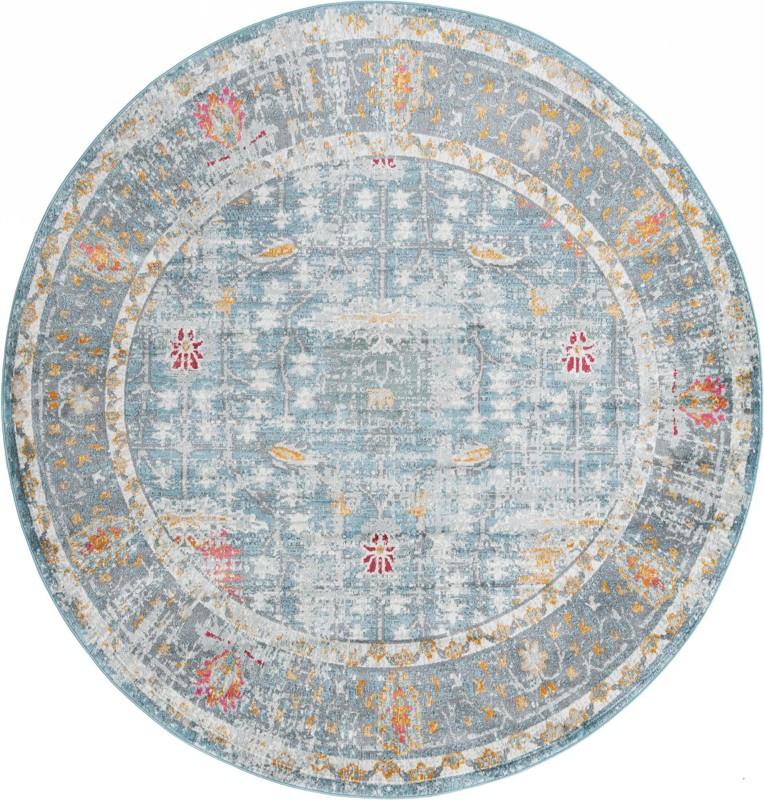 8' 2 x 8' 2 Calm · Distressed floral rug, blue and orange