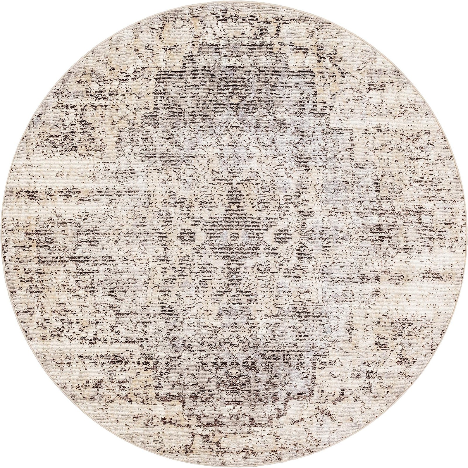 7' x 7' Garnet · Distressed medallion rug, gray and cream