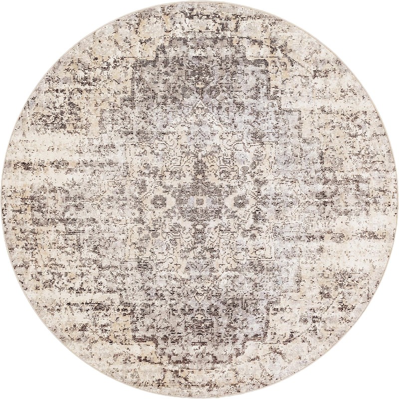 7' x 7' Garnet · Distressed medallion rug, gray and cream