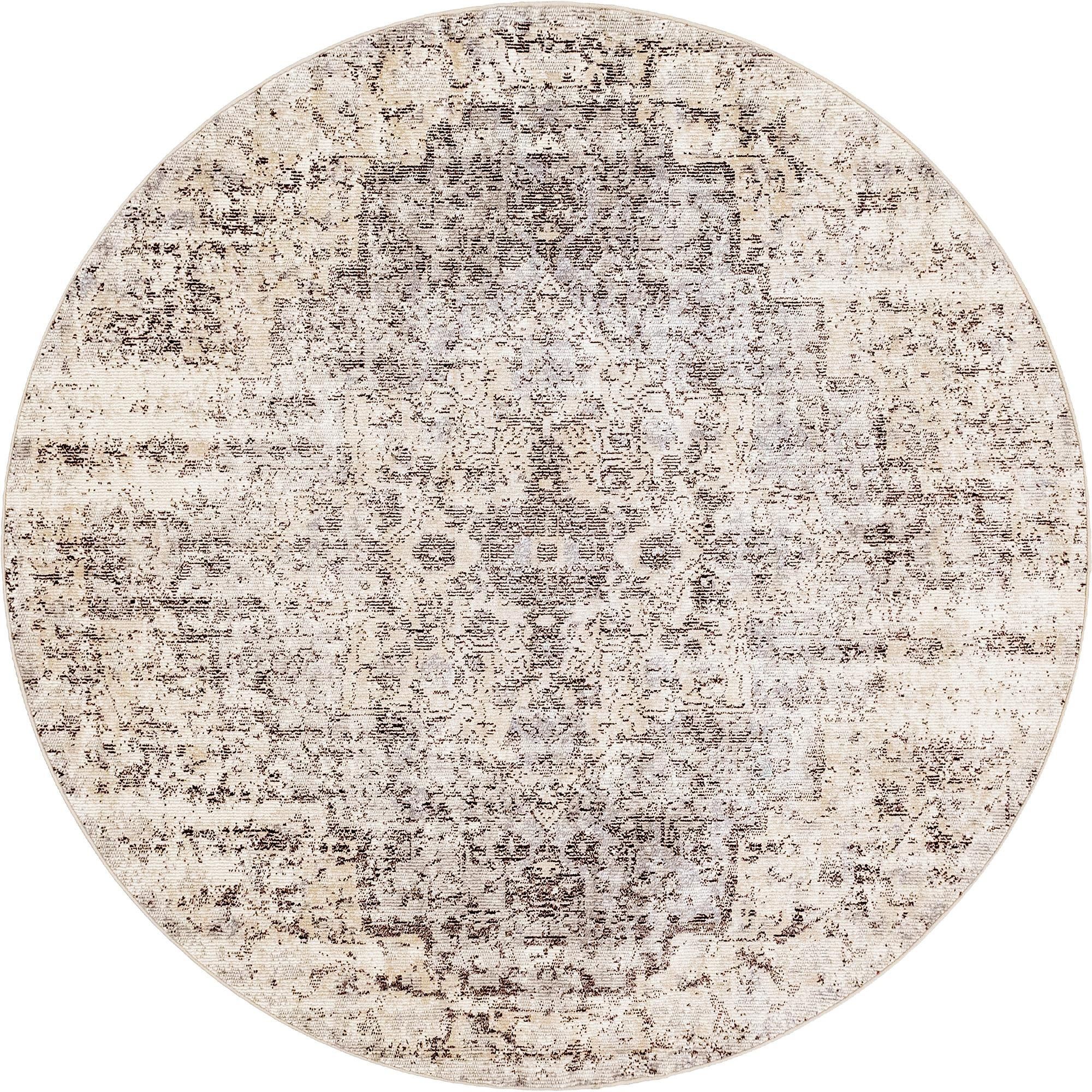 7' x 7' Garnet · Distressed medallion rug, gray and cream