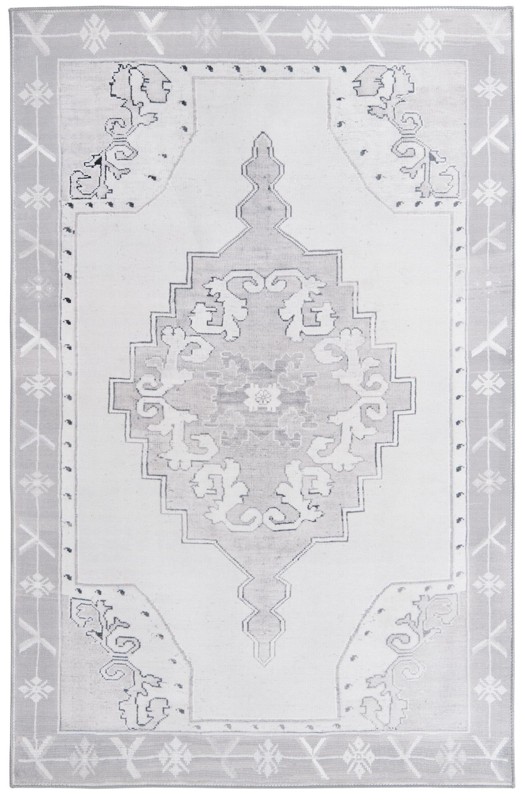 Sanderson · Medallion Washable Rug, gray and white