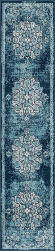 2' 7 x 12' Nettle · Distressed medallion rug, blue and ivory