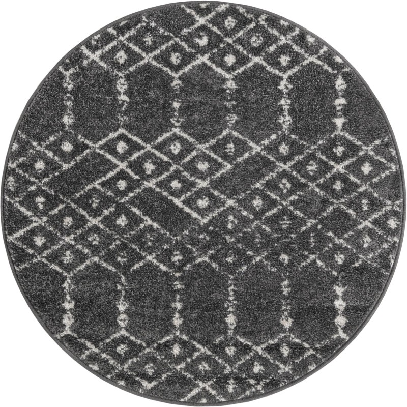 3' x 3' Newcomb · Geometric lattice rug, charcoal and ivory
