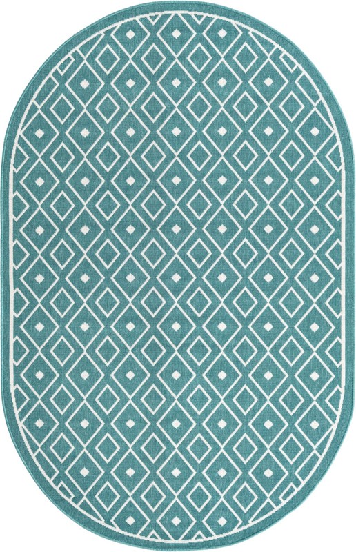 5' 3 x 8' Revell · Geometric Outdoor Rug, teal and ivory