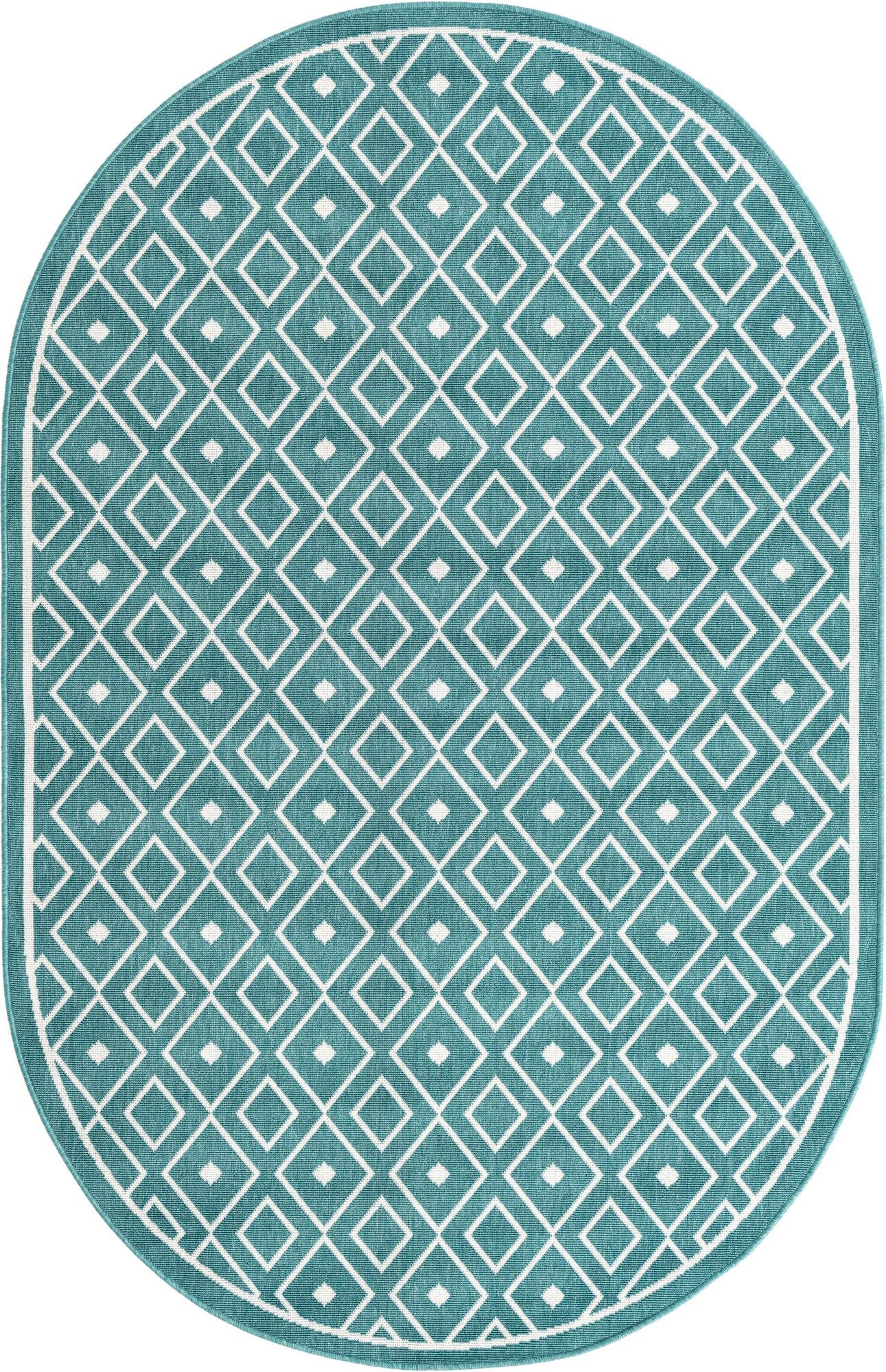5' 3 x 8' Revell · Geometric Outdoor Rug, teal and ivory