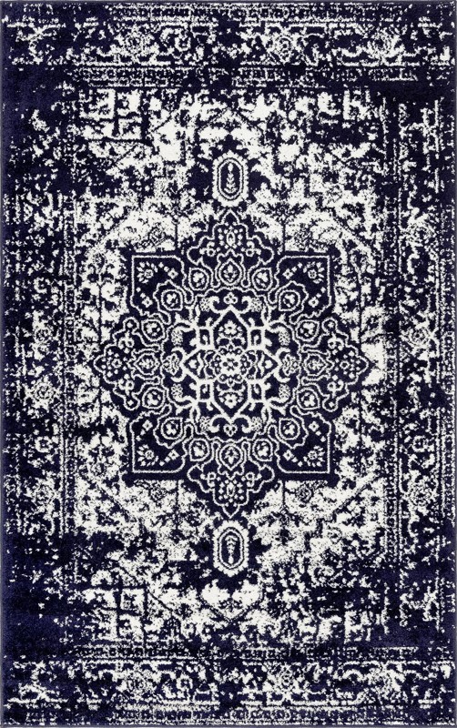 Birch · Distressed medallion rug, navy and ivory