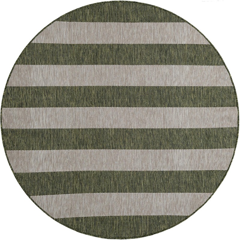 6' x 6' Dahlia · Striped Outdoor Rug, olive green and gray