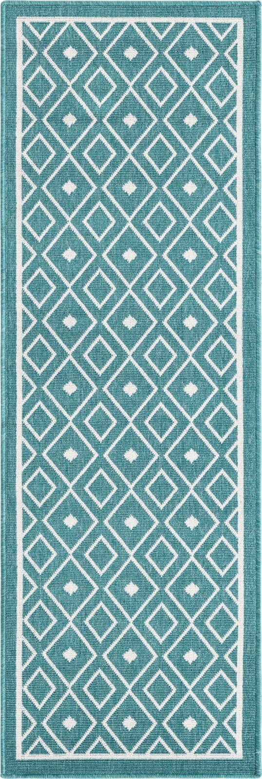 2' x 6' Revell · Geometric Outdoor Rug, teal and ivory