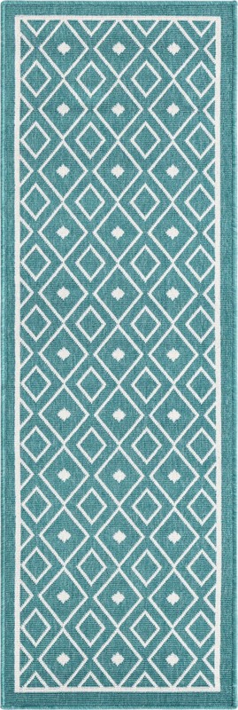 2' x 6' Revell · Geometric Outdoor Rug, teal and ivory