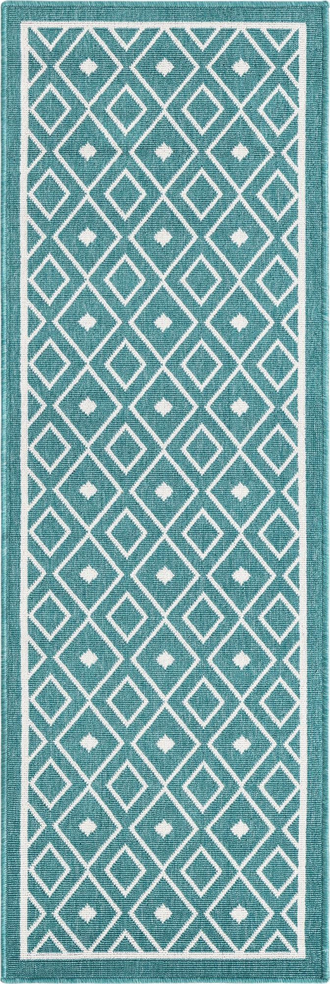 2' x 6' Revell · Geometric Outdoor Rug, teal and ivory