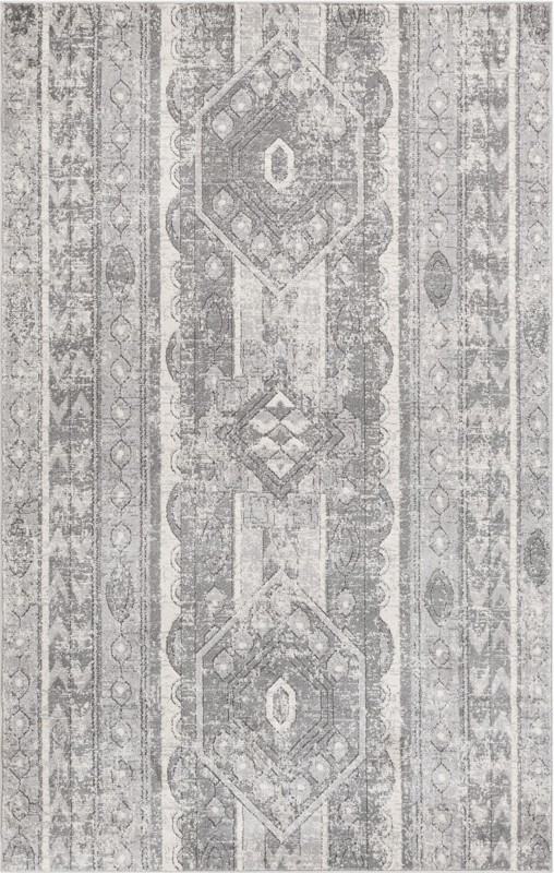 5' 3 x 8' Grouse · Geometric tribal rug, gray and ivory