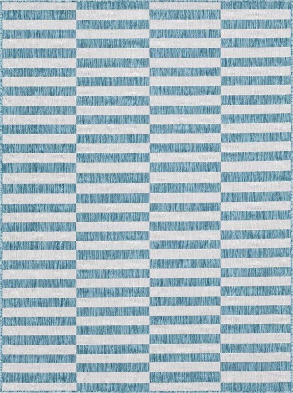 9' x 12' Ainsley · Geometric striped Outdoor Rug, aqua and ivory