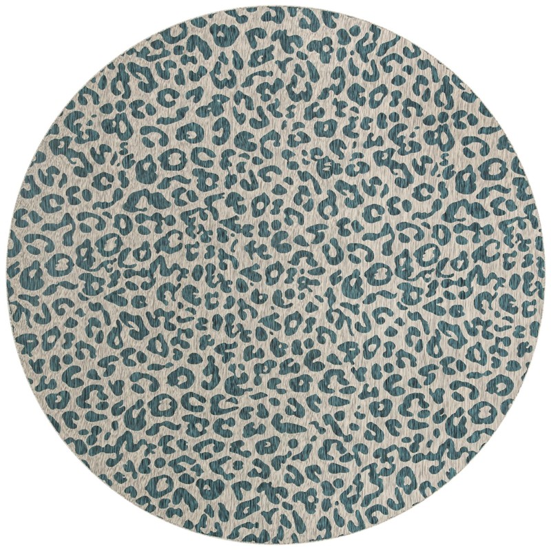 13' x 13' Cardamom · Leopard print Outdoor Rug, teal and ivory