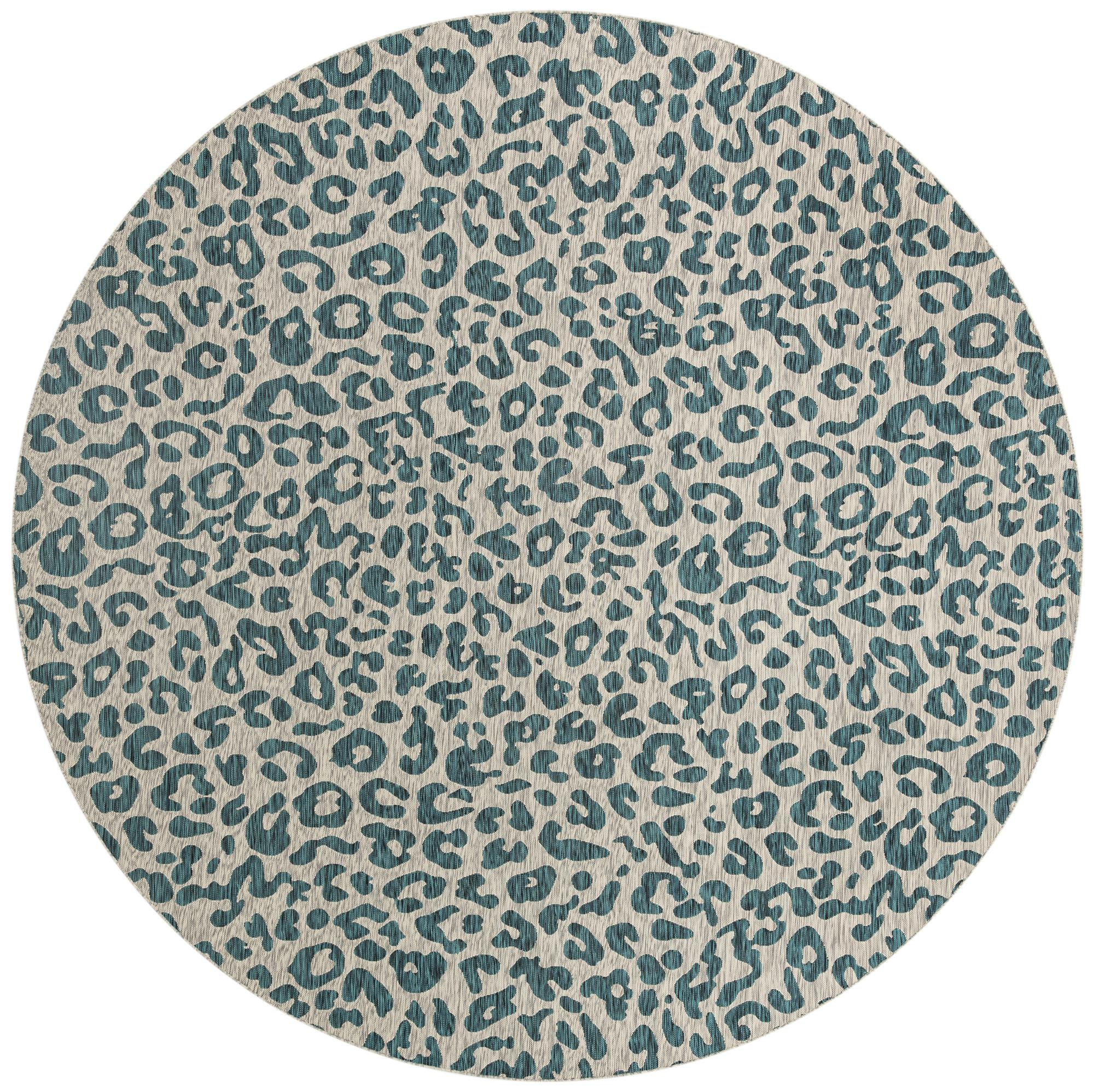 13' x 13' Cardamom · Leopard print Outdoor Rug, teal and ivory