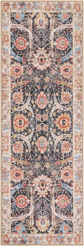 2' x 6' 1 Starr · Floral Washable Rug, black and red