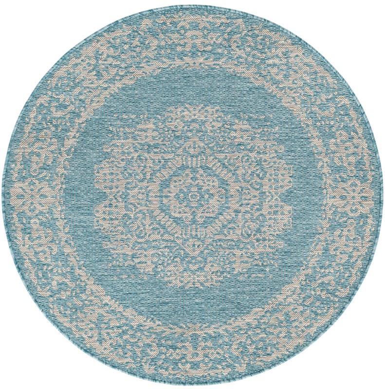 4' x 4' Hayden · Distressed medallion Outdoor Rug, aqua and gray