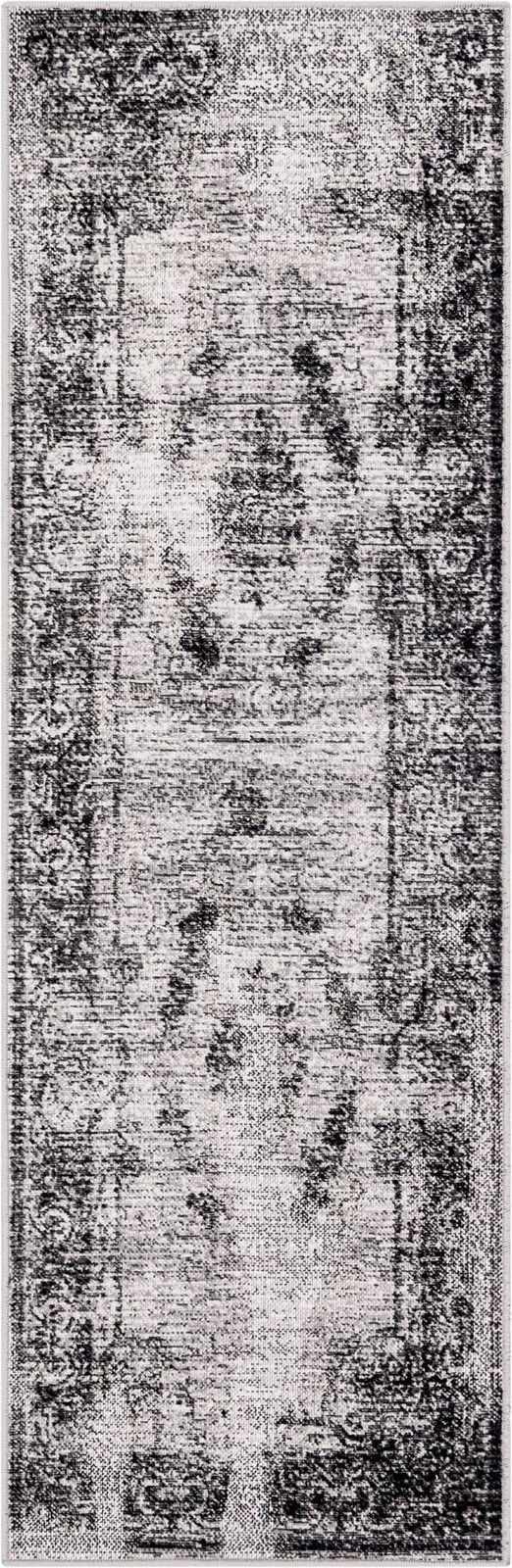2' x 6' Stoner · Distressed medallion rug, gray and ivory
