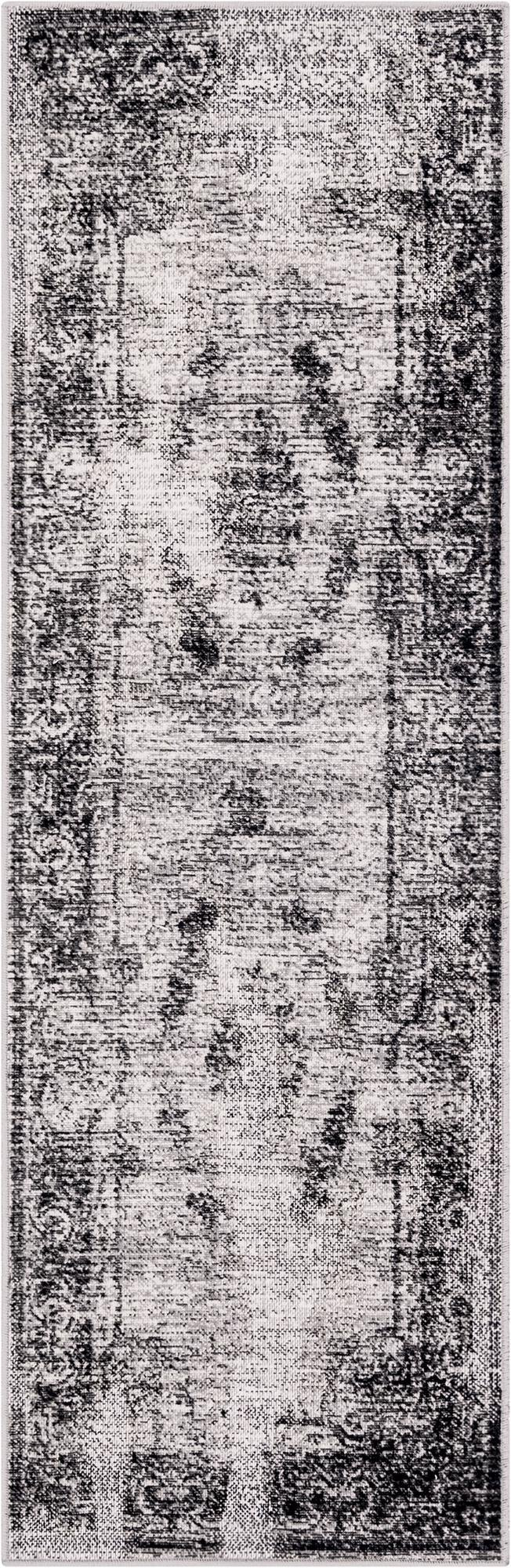 2' x 6' Stoner · Distressed medallion rug, gray and ivory
