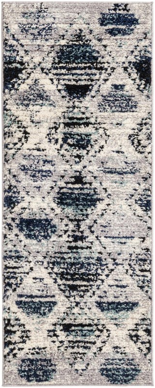 2' x 5' Windmill · Geometric diamond rug, blue and ivory