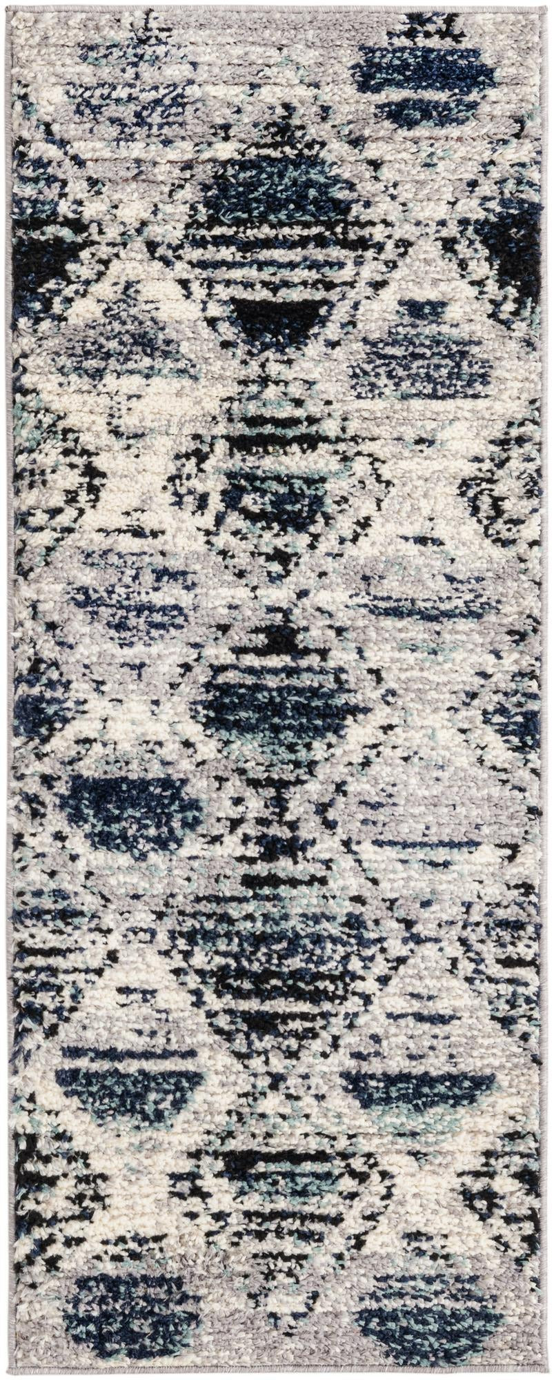 2' x 5' Windmill · Geometric diamond rug, blue and ivory