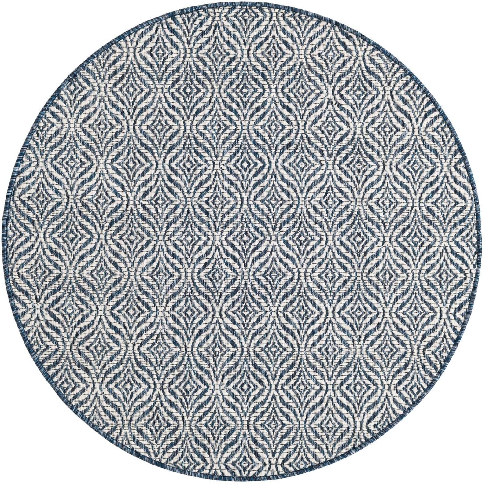 4' x 4' Fairley · Geometric trellis Outdoor Rug, blue and ivory