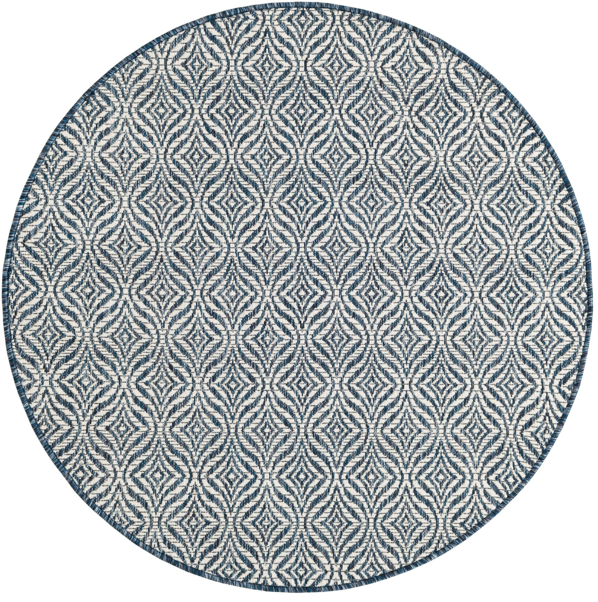 4' x 4' Fairley · Geometric trellis Outdoor Rug, blue and ivory