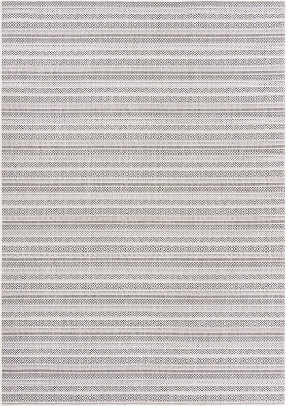 7' x 10' Merlin · Striped geometric Outdoor Rug, beige and black