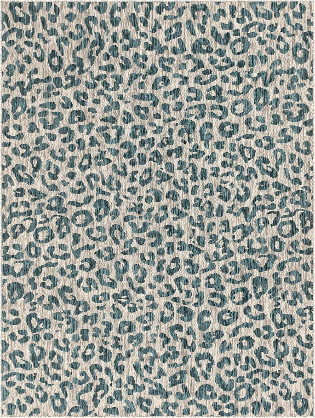 9' x 12' Cardamom · Leopard print Outdoor Rug, teal and ivory