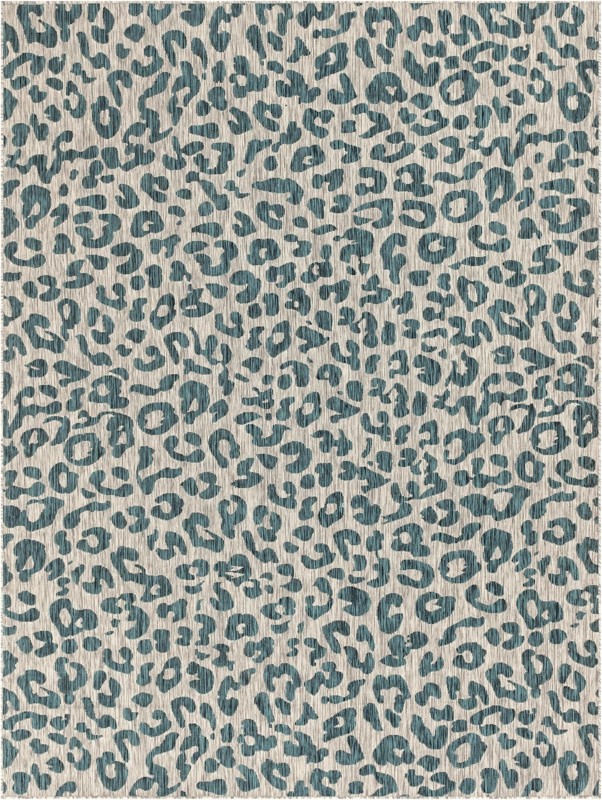 9' x 12' Cardamom · Leopard print Outdoor Rug, teal and ivory