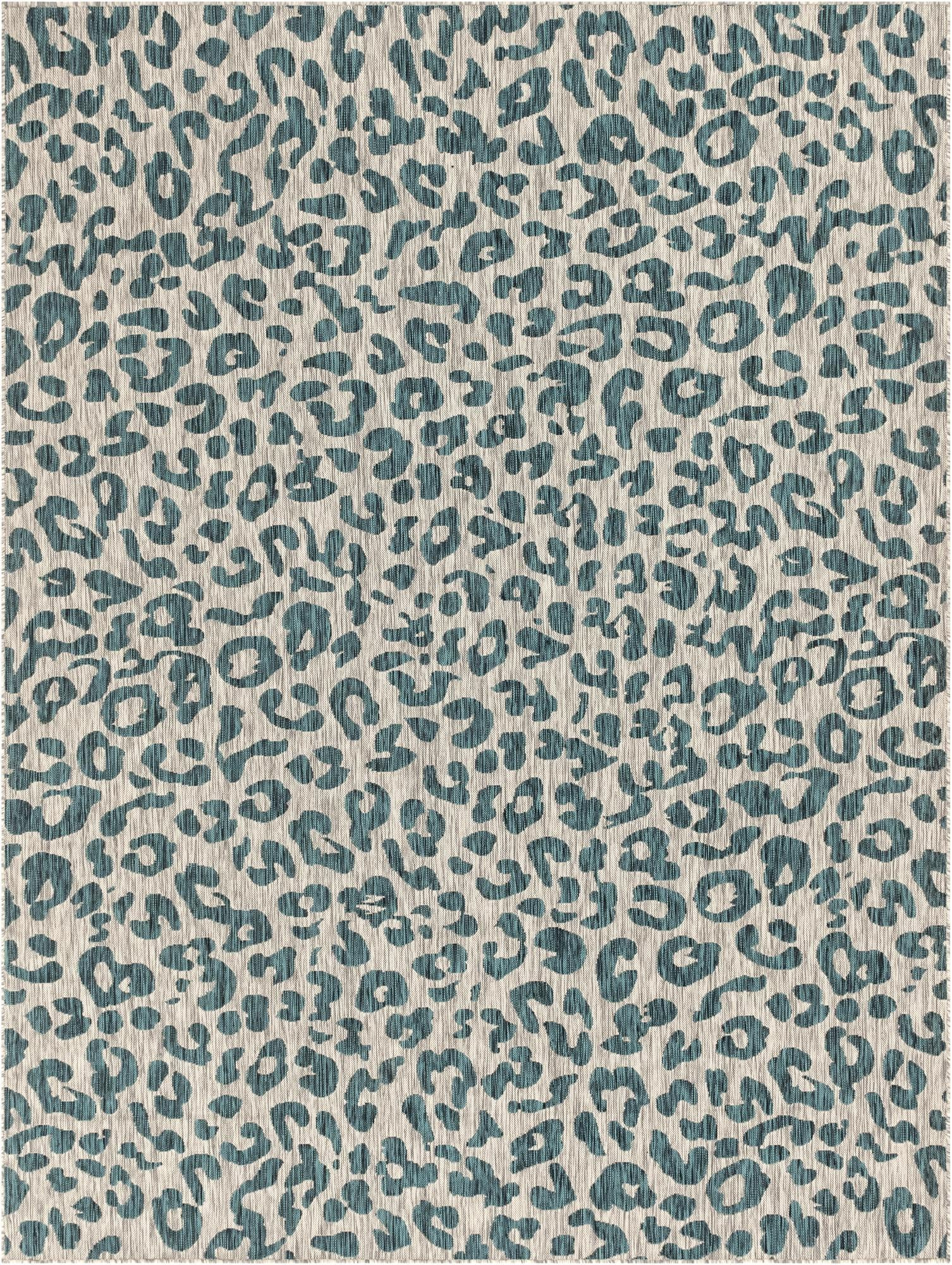 9' x 12' Cardamom · Leopard print Outdoor Rug, teal and ivory