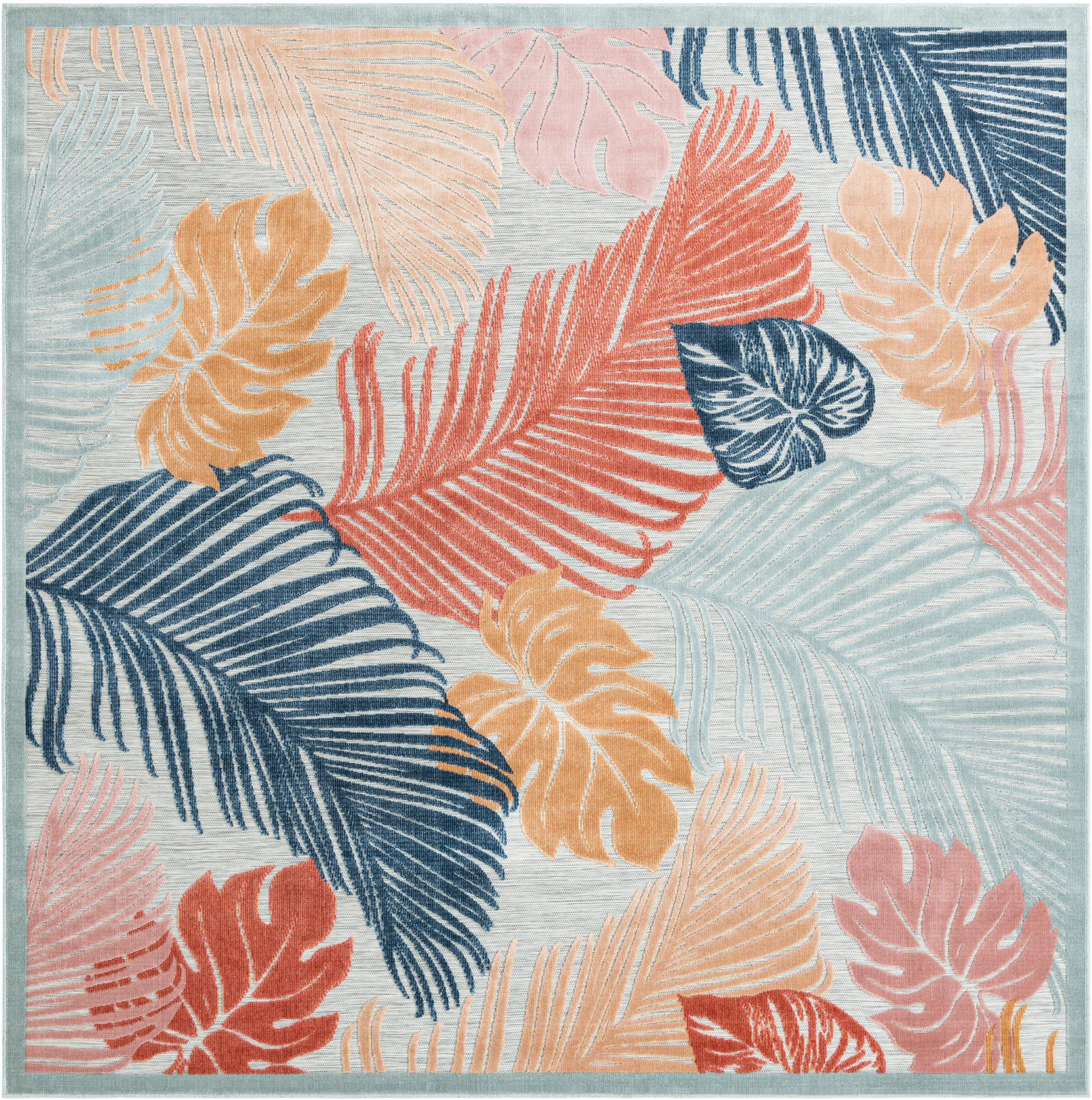 8' 2 x 8' 2 Adirondack · Tropical leaf Outdoor Rug, blue and rust