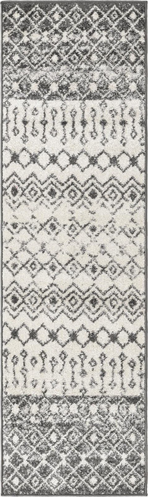 2' x 7' Vernon · Geometric tribal rug, gray and ivory