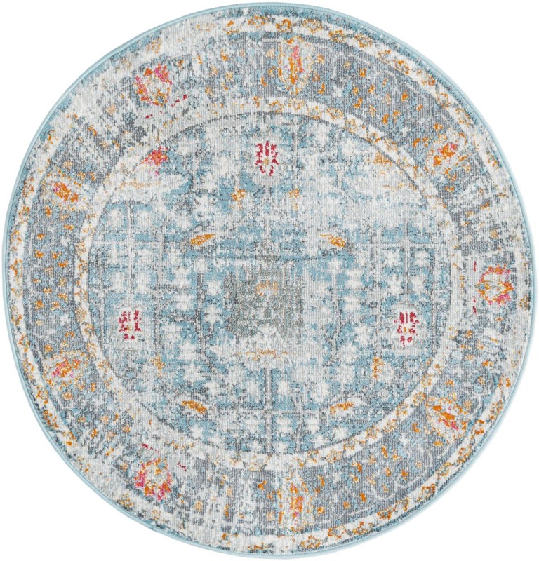 Calm · Distressed floral rug, blue and orange