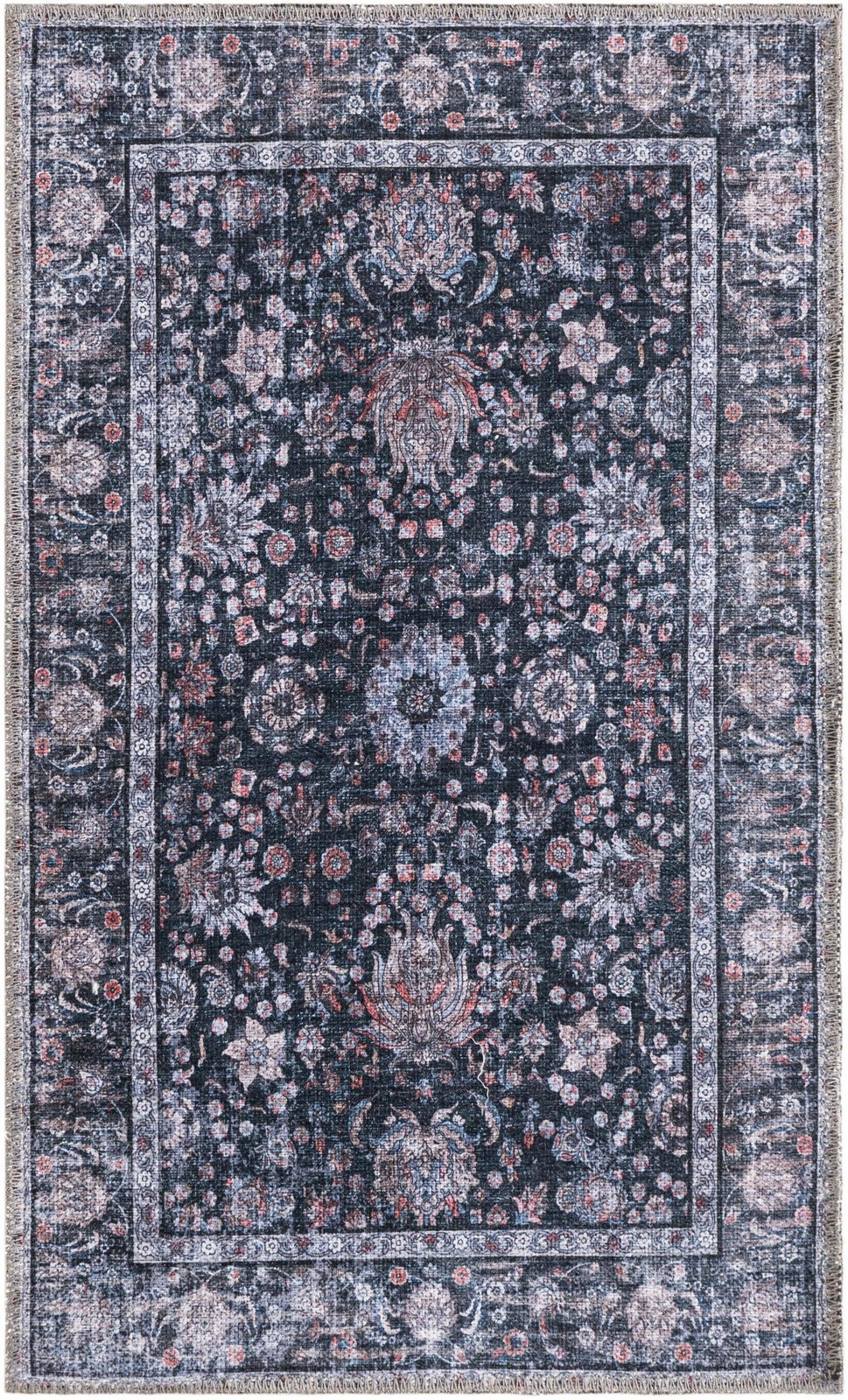 2' x 3' Bertie · Distressed floral Washable Rug, ink and ivory